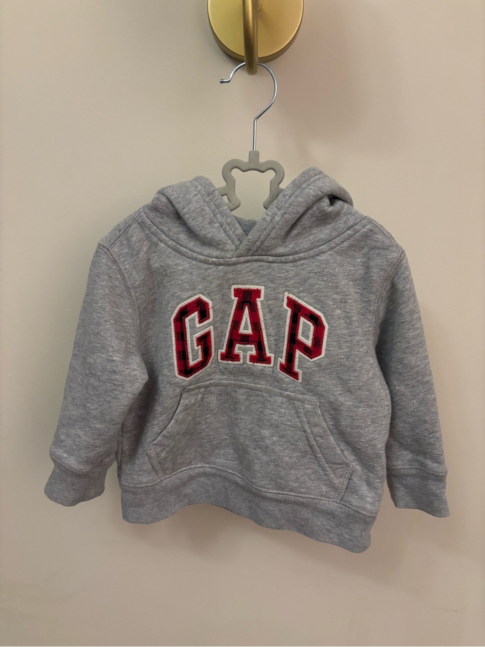 GAP Kids Light Gray Hoodie with Red Plaid Logo